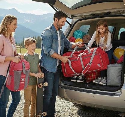 Bago Large Foldable Duffel Bags for Traveling Women & Men - 80L Packable Duffle Bag for Travel with Shoe Compartment - Water Repellant, Heavy Duty, Lightweight Folding & Collapsible (Red)