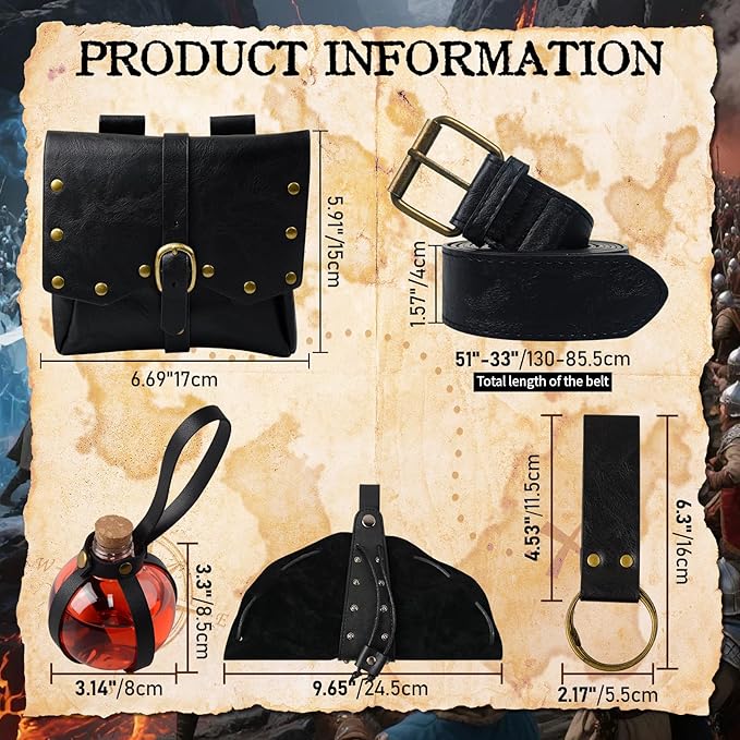 Renaissance Belt Pouch Viking Leather Medieval Belt Waist Bag Pirate Cosplay Festival Halloween Adjustable Accessories (Pouch-Black)