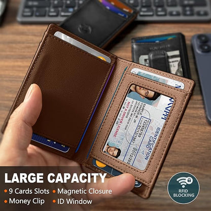 Magnetic Closure Slim Wallet for Men with Money Clip Gift Boxed,Genuine Leather Front Pocket Wallet, 3.9"x 2.7", RFID Blocking