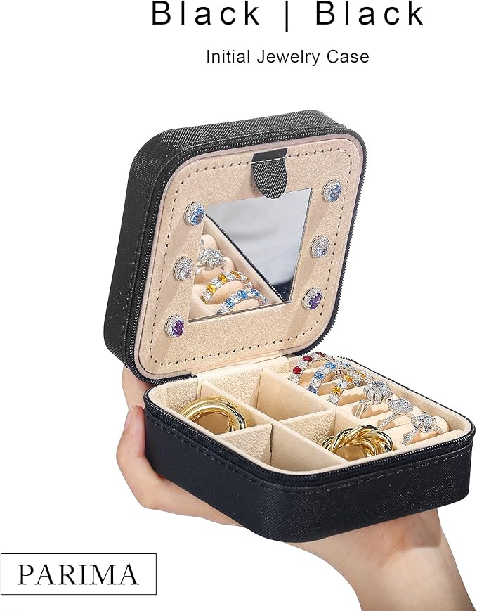Parima Jewelry Box, Small Travel Organizer for Necklaces, Earrings, Rings, Bracelet, Initial M-Black