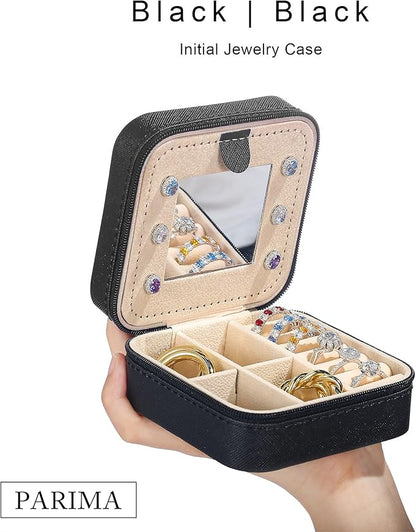 Parima Jewelry Box, Small Travel Organizer for Necklaces, Earrings, Rings, Bracelet, Initial M-Black