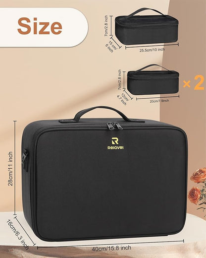 Relavel Large Makeup Bag with 3 Removable Pouches, Travel Train Case Cosmetic Organizer Carrying Box for Makeup Artists Hairstylist with Adjustable Dividers, Brush Holder and Shoulder Strap, Black
