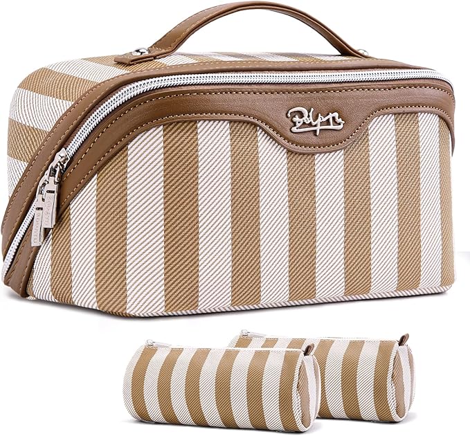 BOYATU Travel Makeup Bag for Women: Large Cosmetic Bag Set of 3 - PU Leather Make up Bag with Compartments - Compact Waterproof Toiletry Bag with Divider & Handle (B-5-Brown)