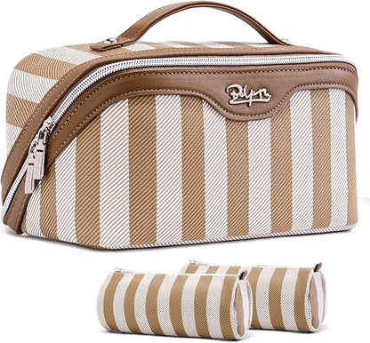 BOYATU Travel Makeup Bag for Women: Large Cosmetic Bag Set of 3 - PU Leather Make up Bag with Compartments - Compact Waterproof Toiletry Bag with Divider & Handle (B-5-Brown)