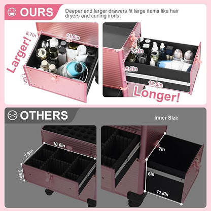Makeup Train Case with Drawer, Rolling Makeup Case, Cosmetology Case on Wheels, Gift, Travel Makeup Organizers, Profesional Cosmetic Case for Salon Barber,Nail,Tattoo, Pink