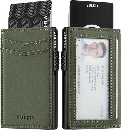 VULKIT Men's Wallet with ID Window Premium Leather Wallets RFID Blocking Minimalist Wallet Pop Up Card Holder Magnetic Closure