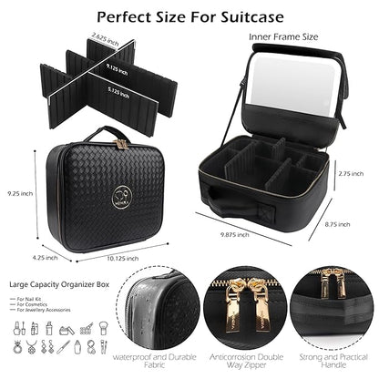 MOMIRA Travel Makeup Bag Cosmetic Bag Makeup Organizer Bag with Lighted Mirror, Adjustable Brightness in 3 Color Scenarios, Waterproof Makeup Train Case, Gift for Women - Woven black