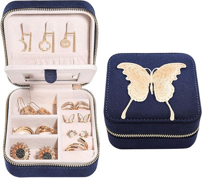 S.Leaf Travel Jewelry Organizer Boxes for Women Small Portable Necklace Earrings Bracelet Rings Travel Case Best Friend Birthday Gifts for Women Trendy (Butterfly_Blue_Gold)
