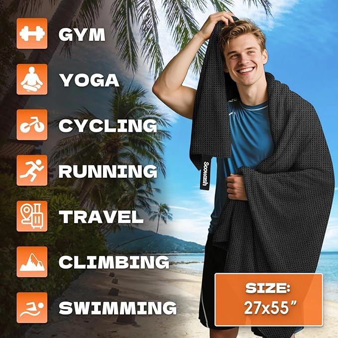 Microfiber Sweat Towel Quick Dry Lightweight Absorbent 3 Pack，Fast Drying 27‘’ X 55‘’ Negative Ions Odorless Gym Towels for Men & Women Yoga Sports Travel Outdoor Camping Gym (Large Black)