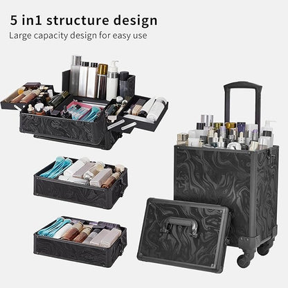 Rolling Makeup Case, Makeup Train Case with Lid, 5 in 1 Cosmetology Case on Wheels, Christmas Gift, Large Makeup Organizers, Profesional Cosmetic Case for Salon Barber, Pattern Black