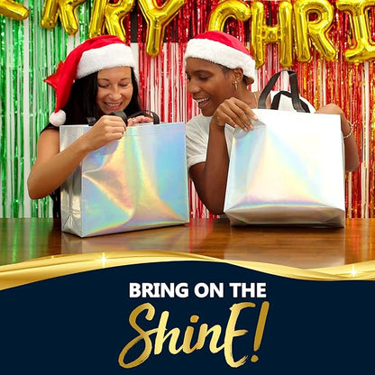 Nush Nush Set of 30 Large Iridescent Gift Bags in Bulk - Big Holographic Reusable Gift Bags With Black Handles - For Small Business, Gifting Events, Christmas, Birthdays - 13Wx5Dx11H Size