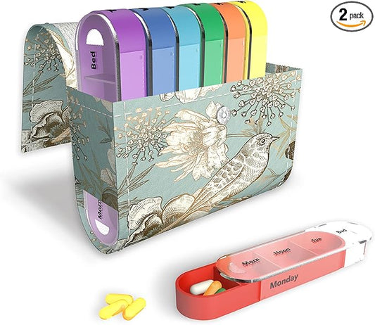 Pill Organizer,LIZIMANDU Weekly Travel Pill Case Box Medication Reminder Daily AM PM, Day Night 7 Compartments,for 4 Times A Day, 7 Days a Week-Includes Leather PU Carrying Case (Blue Bird)