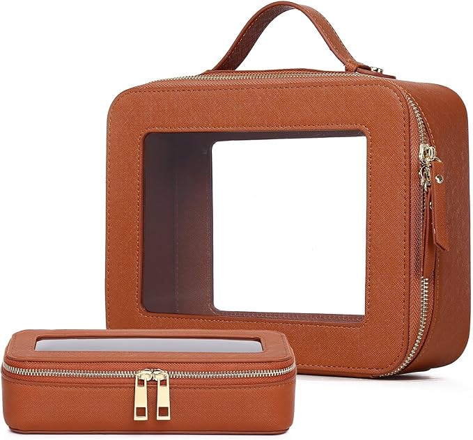 Pinkmik Clear Makeup Bag with Brush Bag 2pcs Waterproof Travel Case for Cosmetics and Toiletries Women's Cosmetic Organizer with Zipper (X/Brown, L+SLIM)