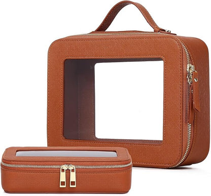 Pinkmik Clear Makeup Bag with Brush Bag 2pcs Waterproof Travel Case for Cosmetics and Toiletries Women's Cosmetic Organizer with Zipper (X/Brown, L+SLIM)