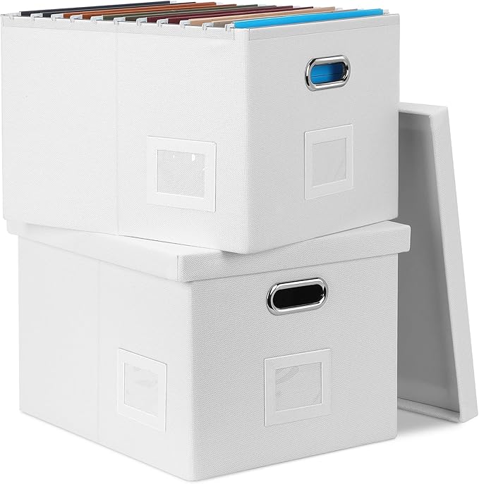 File Organizer Box, Decorative Storage Filling Box with Lid for Letter Legal Size Hanging Folders Collapsible Linen File Folder Box Office Document Storage Filing Bin, White 2 Pack