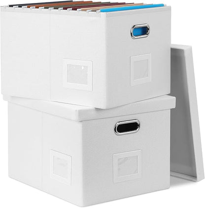 File Organizer Box, Decorative Storage Filling Box with Lid for Letter Legal Size Hanging Folders Collapsible Linen File Folder Box Office Document Storage Filing Bin, White 2 Pack