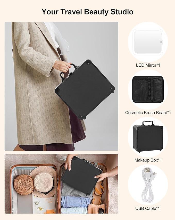 Makeup Case with Lighted Mirror, Travel Makeup Box with LED Mirror Makeup Organizer Bag Portable Cosmetic Train Case Makeup Artist Storage Bags with Adjustable Dividers Gifts for Women and Girls