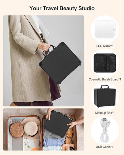 Makeup Case with Lighted Mirror, Travel Makeup Box with LED Mirror Makeup Organizer Bag Portable Cosmetic Train Case Makeup Artist Storage Bags with Adjustable Dividers Gifts for Women and Girls