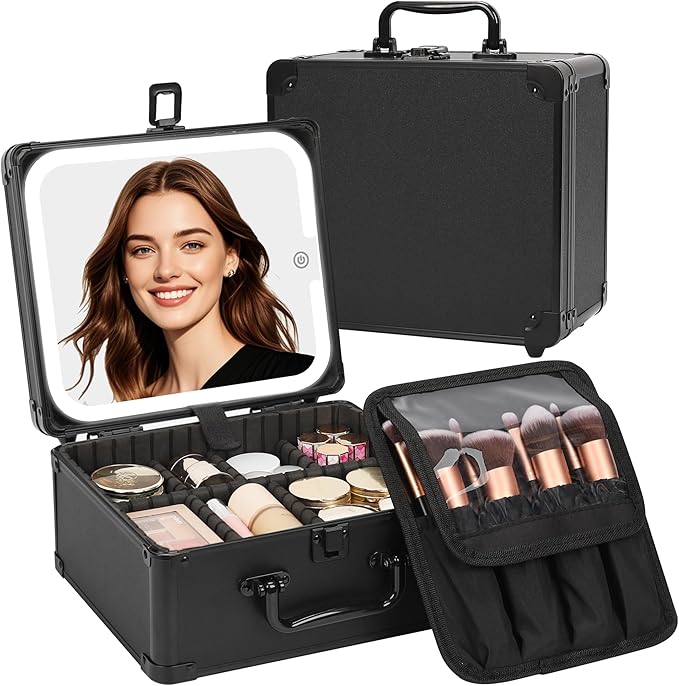 Makeup Case with Lighted Mirror, Travel Makeup Box with LED Mirror Makeup Organizer Bag Portable Cosmetic Train Case Makeup Artist Storage Bags with Adjustable Dividers Gifts for Women and Girls