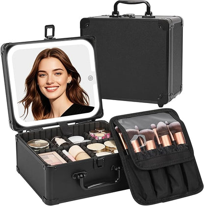 Makeup Case with Lighted Mirror, Travel Makeup Box with LED Mirror Makeup Organizer Bag Portable Cosmetic Train Case Makeup Artist Storage Bags with Adjustable Dividers Gifts for Women and Girls