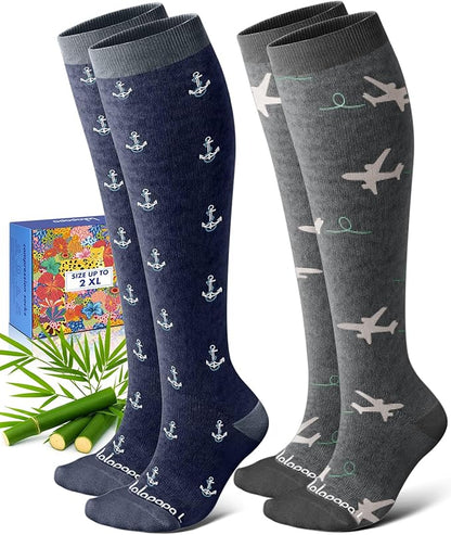 Bamboo Viscose Compression Socks for Women Men 2 Pairs 15-20mmHg Knee High Compression Socks Travel Nurse