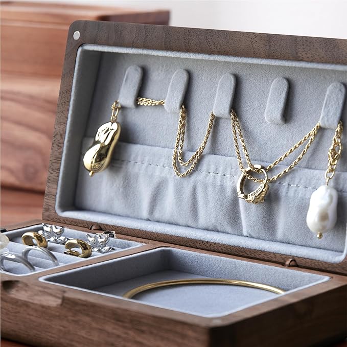 Walnut Wooden Small Jewelry Box - Mini Wood Travel Jewelry Case Portable Organizer for Rings, Earrings, Necklaces & Bracelets Storage Women Girls Men (Gray)