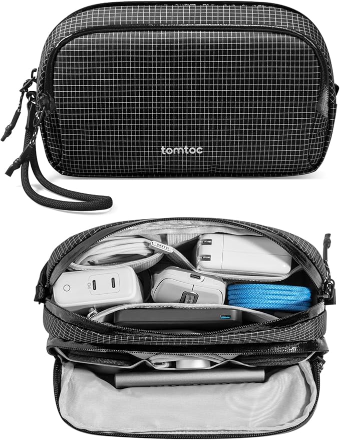 tomtoc Electronic Organizer Travel Case Performance, Water Resistant Dual Compartment Cable Organization Storage Bag for Charger, Cord, Phone, Hard Drive, Power Bank, Accessories Travel Essentials