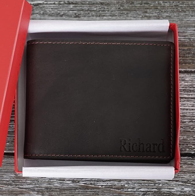 Custom Wallets For Men, Personalized Gifts For Men, Personalized Wallet For Men, Customized Engraved Full Grain Leather with RFID Blocking, Custom Gifts, Customized Wallets For Fathers Day, (Brown)