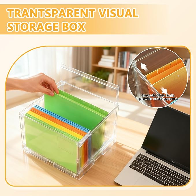 File Organizer Box with Lid,Hanging Filing Folder Organizer for Document Storage with Plastic Slide,Letter-size File Holder Filing Box for Office/Home/Decor/（2Pack）