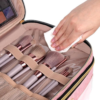 Double Layer Travel Makeup Bag for Women, Large Cosmetic Case Organizer with Makeup Brush Compartment, Portable Train Case Make Up Bag for Travel-Size
