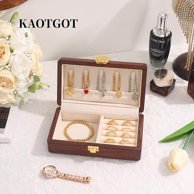 Travel Jewelry Case Wood Small Jewelry Box for Women Wood Jewelry Organizer Storage Holder For Earrings Rings Necklaces Velvet Wooden Jewelry Box With Lock