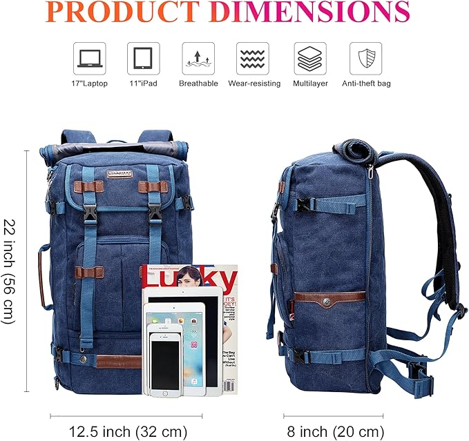 WITZMAN Canvas Backpack Vintage Travel Backpack Large Laptop Bags Convertible Shoulder Rucksack(A519-1 Classic Blue)