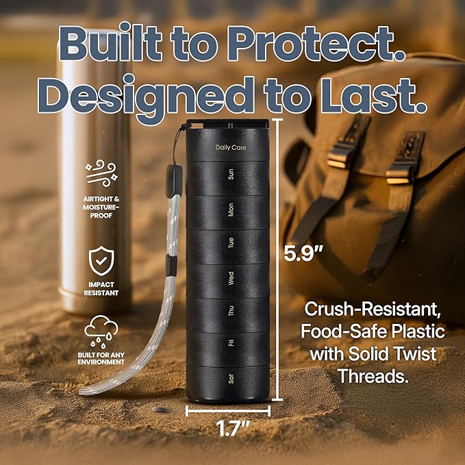 Ankomn - 7 Day Travel Pill Organizer for Men & Women. IPX7 Rating Waterproof, Airtight & Portable Pill Case for Vitamins. Durable Weekly Supplement Case with Stackable Compartments for Outdoor Use.