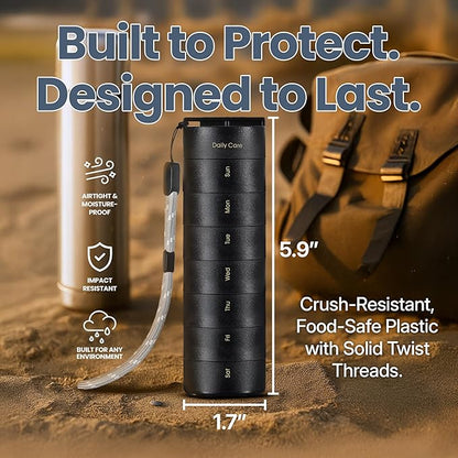 Ankomn - 7 Day Travel Pill Organizer for Men & Women. IPX7 Rating Waterproof, Airtight & Portable Pill Case for Vitamins. Durable Weekly Supplement Case with Stackable Compartments for Outdoor Use.