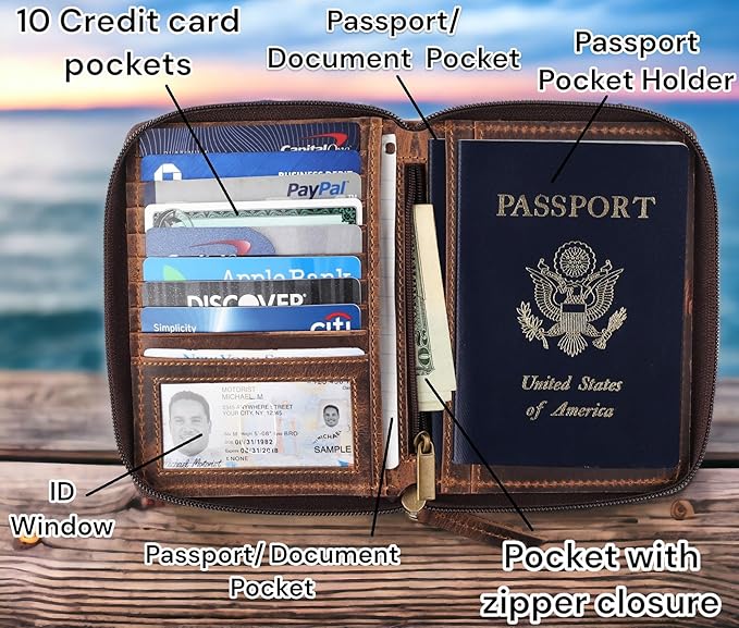Passport Wallet - Travel Document Holder w/RFID Blocking – Full Grain Leather – Bifold compact zip around Wallet with Credit Card Slots for Women and Men,distressed brown,500-30