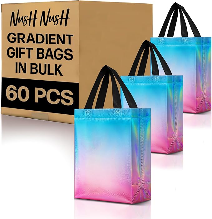 Nush Nush Aqua to Pink Gift Bags With Holographic Finish - Set of 60 Reusable Gift Bags Bulk Medium Size - Perfect Party Favor Bag Set For Small Business, Birthday, Bridal Shower, Events - 8Wx4Dx10H