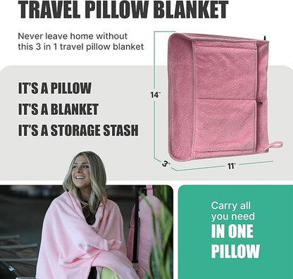 TAKE Off Travel Pillow and Blanket Set with Water Bottle Pockets and Zippered Storage for Travel Essentials – Compact Fleece Throw in a Soft Pillow Case with Luggage Sleeve. Fits 3 Days of Clothes