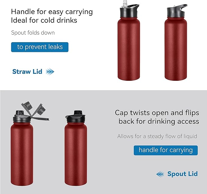 VEGOND 40 oz Insulated Water Bottle Stainless Steel Metal Water Bottles with Leak Proof Straw Lid & Spout Lid, Wide Mouth Double Walled Vacuum Travel Sports Bottle, Red