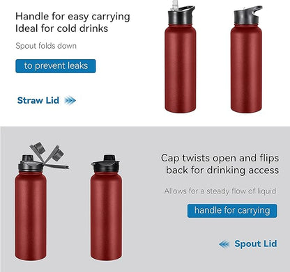 VEGOND 40 oz Insulated Water Bottle Stainless Steel Metal Water Bottles with Leak Proof Straw Lid & Spout Lid, Wide Mouth Double Walled Vacuum Travel Sports Bottle, Red