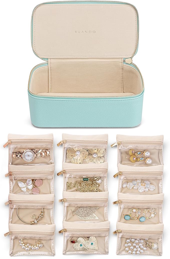 Vlando Travel Jewelry Organizer with 12 Velvet Jewelry Bags Travel Jewelry Case for Girls Jewelry Storage Necklace Rings Earrings Bags Gifts for Women Daughter Friends(Lake Blue)