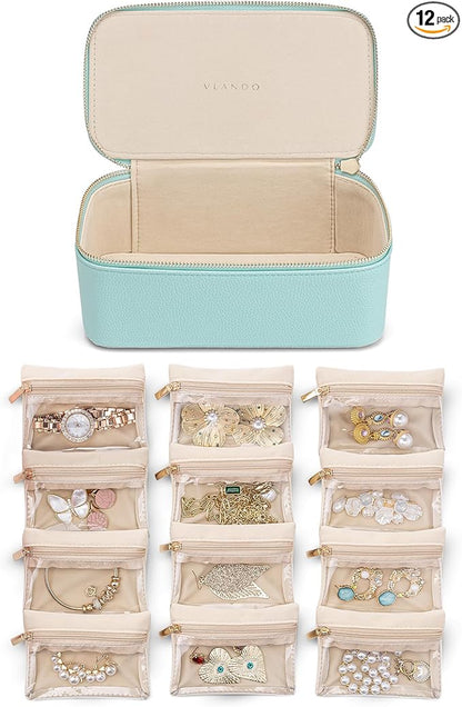 Vlando Travel Jewelry Organizer with 12 Velvet Jewelry Bags Travel Jewelry Case for Girls Jewelry Storage Necklace Rings Earrings Bags Gifts for Women Daughter Friends(Lake Blue)
