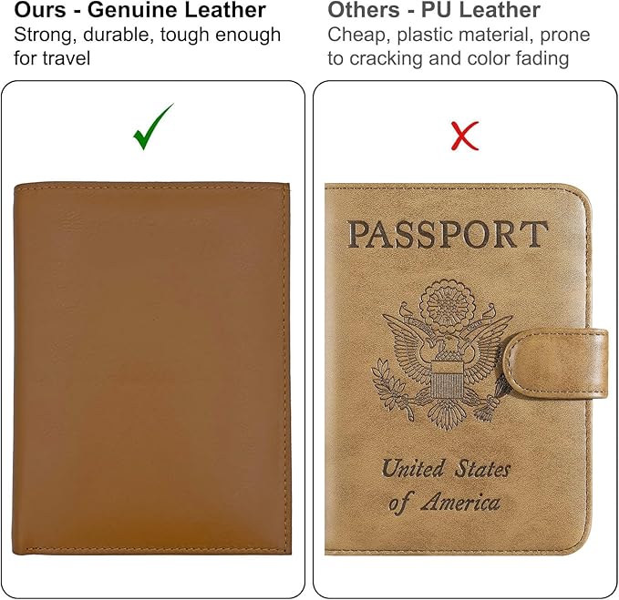 Light Brown RFID Genuine Leather Passport Wallet