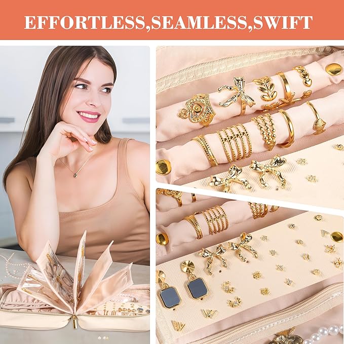 Travel Jewelry Organizer - Imitation Leather Travel Jewelry Case with Adjustable Pages, Jewelry Bag for Earrings,Rings,Necklaces,Bracelets-Perfect,Waterproof, Ideal for Trips & Gifts (Off-white)