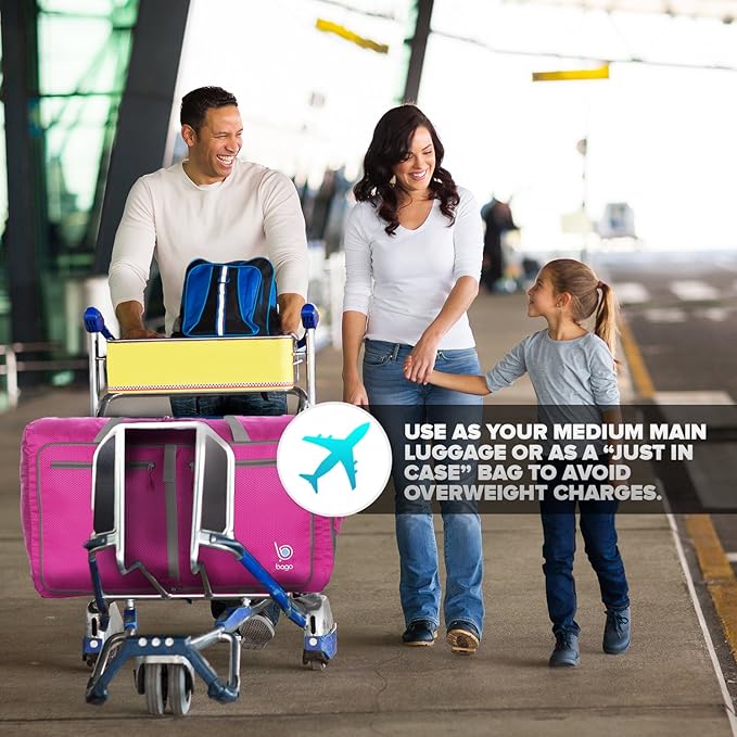 Bago Foldable Duffel Bags for Traveling Women & Men - 60L Medium Packable Duffle Bag for Travel with Shoe Compartment - Water Repellant, Heavy Duty, Lightweight Folding & Collapsible (Pink)