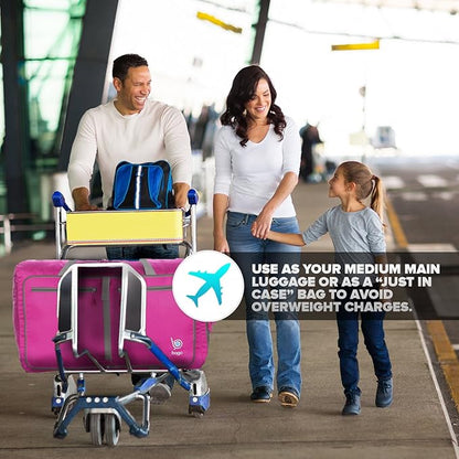 Bago Foldable Duffel Bags for Traveling Women & Men - 60L Medium Packable Duffle Bag for Travel with Shoe Compartment - Water Repellant, Heavy Duty, Lightweight Folding & Collapsible (Pink)