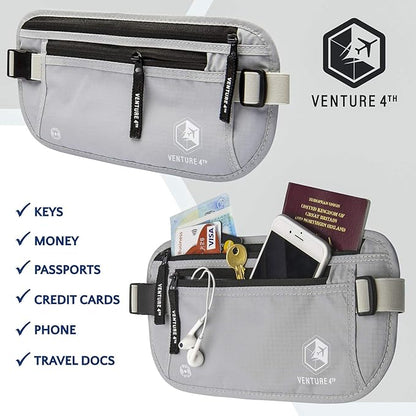 VENTURE 4TH Travel Money Belt - Slim Passport Holder RFID Blocking Travel Pouch to Protect Cash, Credit Cards and Travel Documents (Silver)