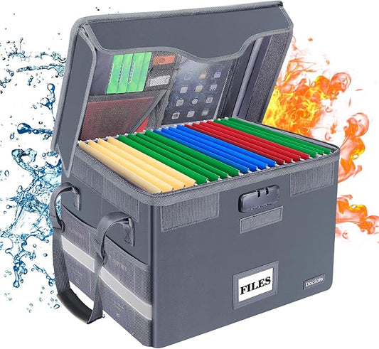 DocSafe Fireproof Document Box with Lock,File Storage Organizer with Zipper Pockets,Collapsible Portable File Box Home Office Safe Filing Cabinet with Handle for Hanging Letter/Legal Folders,Gray