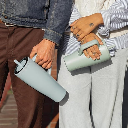 BrüMate Era 30 oz Tumbler with Handle & Straw | 100% Leakproof Insulated Water Bottle Tumbler with Lid & Flexible SoftSip Straw | Made of Stainless Steel | Cup Holder Friendly 30oz (White Polka Dots)