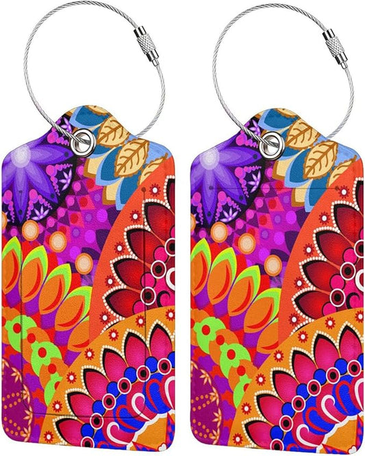 Colorful Mandala Style Luggage Tags Bright Red Bag Tag with Full Back Privacy Cover Name ID Card Stainless Steel Loop Suitcase Labels Address Card PU Leather Baggage Tags Luggage for Travel, 2 Pcs