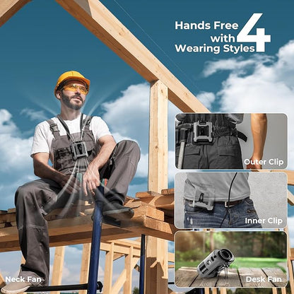 10000mAh Portable Waist Fan Clip On Belt, Max 40H Cooling, 5 Speeds 16000RPM, Rechargeable Hands-free Personal Wearable Neck Fan With Dual Clip & Flashlight for Outdoor Jobsite Camping Traveling